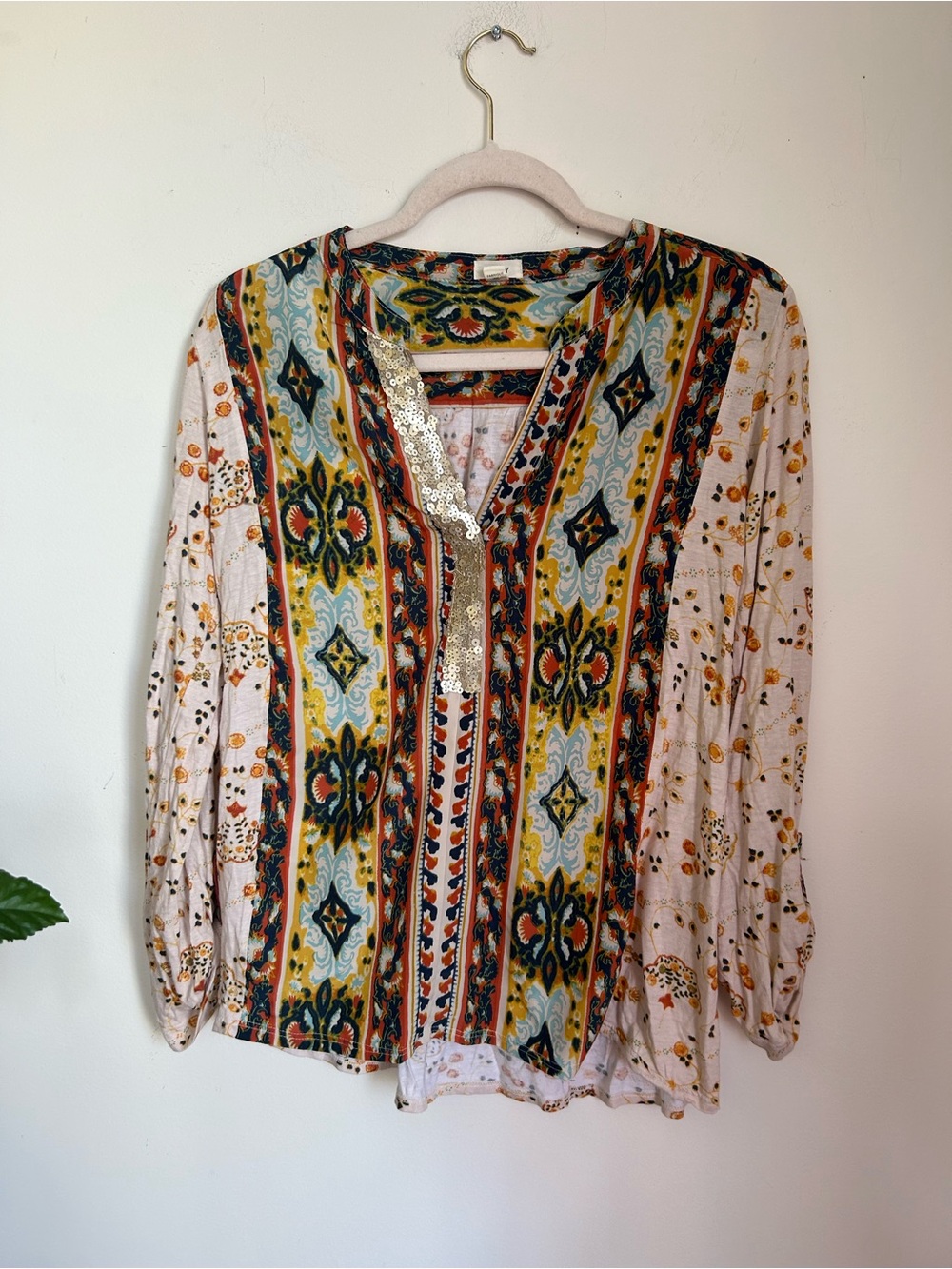 Anthropologie Printed V-Neck Blouse in Cream and Multi